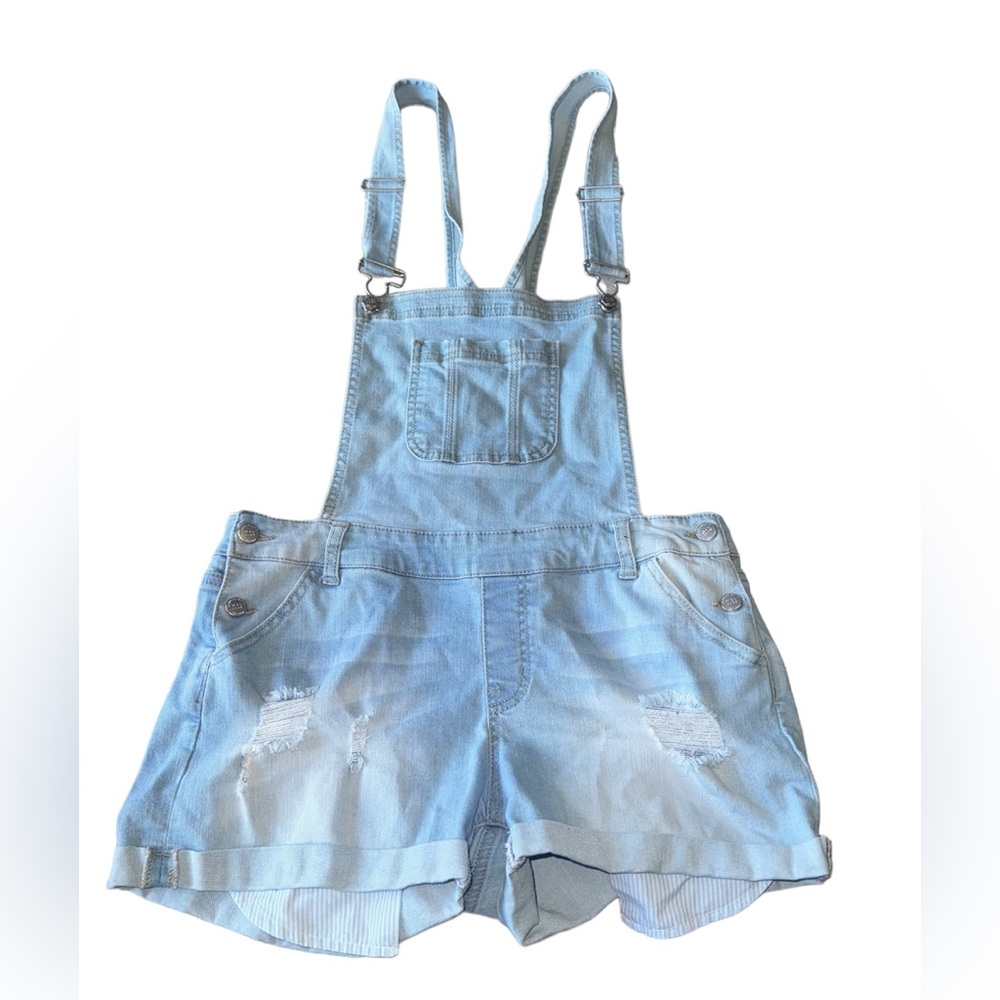Wax Jean Light Acid Wash Basic Denim Distressed Overall Shorts Sz L